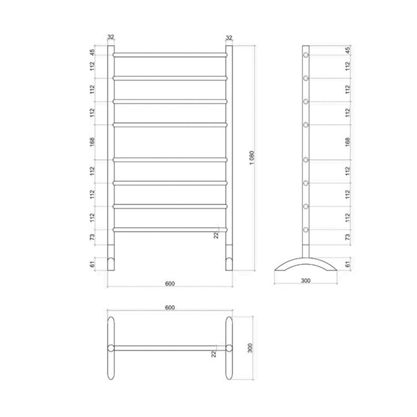 Thermogroup 8 Bar Straight Round Freestanding Heated Towel Rail Technical Drawing - The Blue Space