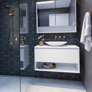 Timberline Kansas Wall Hung Vanity 600mm-1800mm with Above Counter Basin Lifestyle Image with Black Tiles - The Blue Space