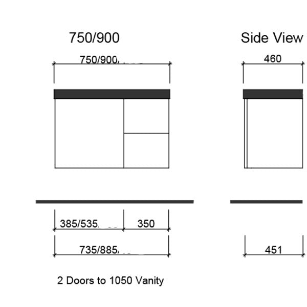 Technical Drawing - Timberline Carlo Vanity 750mm with Haven Dolomite Basin Top