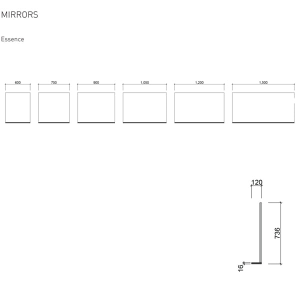 Timberline Essence Mirror 600mm - 1500mm technical drawings