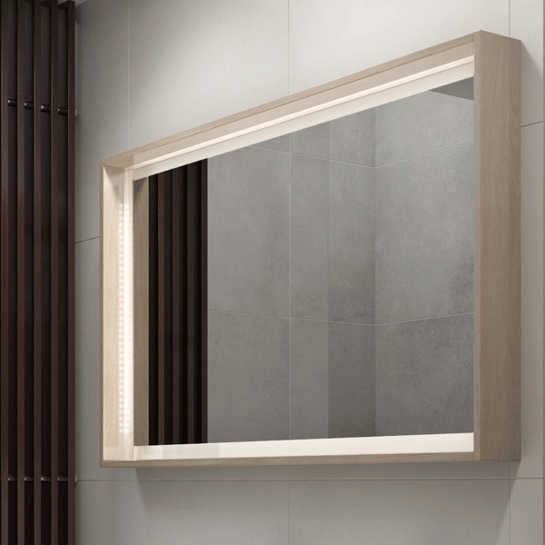 Timberline Halifax Mirror with oak timber surround and light - Beautiful bathroom mirrors online at The Blue Space