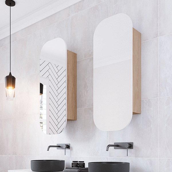 Timberline Jazz Arch Shaving Cabinet 400mm with Gunmetal tapware and matte black above counter basins - The Blue Space