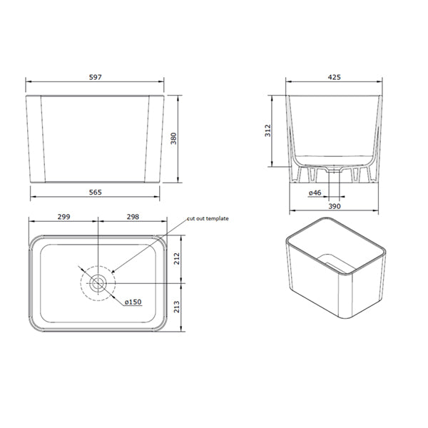 Turner Hastings Tribo 60 x 42 Fine Fireclay Sink technical Drawing