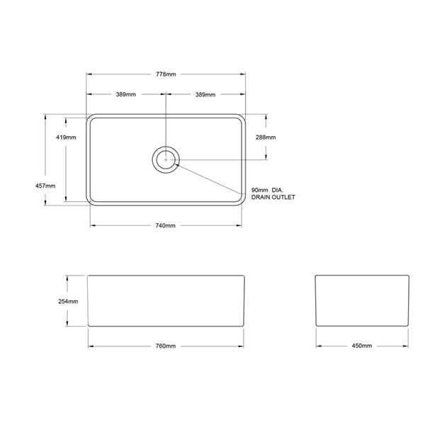 Technical Drawing - Turner Hastings Novi 75 x 46 Fine Fireclay Butler Sink - Matte Black