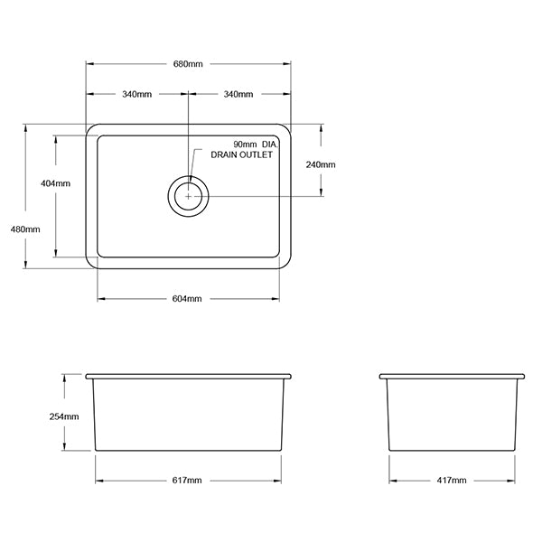 Turner Hastings Cuisine 48 x 68 Inset/Undermount Fine Fireclay Sink Technical Drawing