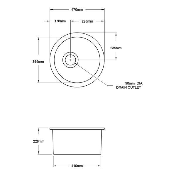 Turner Hastings Cuisine Round 47 Inset/Undermount Fine Fireclay Sink Technical Drawing