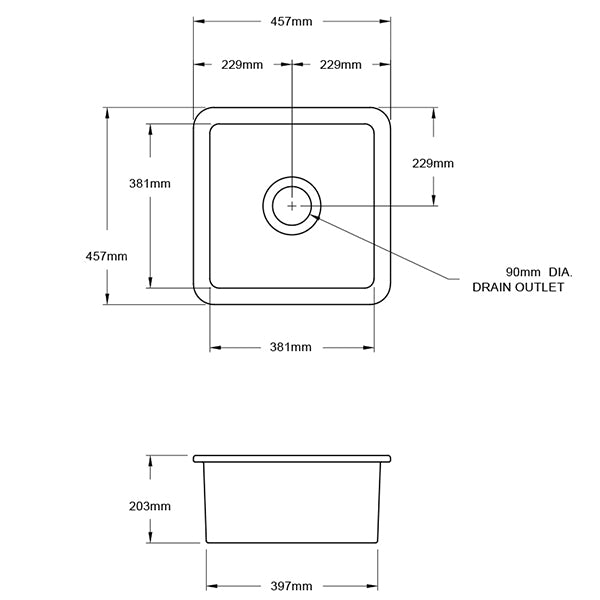 Technical Drawing - Turner Hastings Cuisine 46 x 46 Inset/Undermount Fine Fireclay Sink - Matte Black