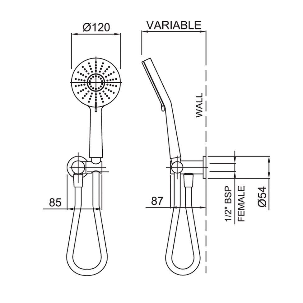 Methven Krome 120mm 3 Function Hand Shower (Matte Black) Technical Drawing