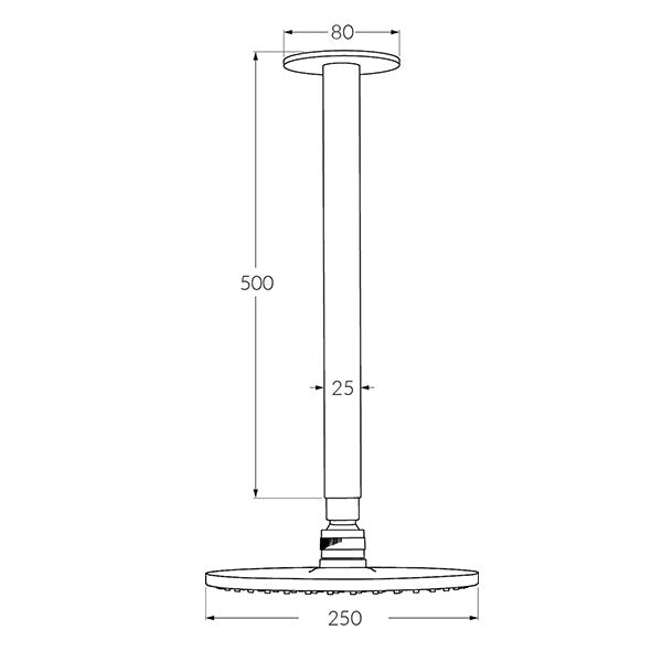 Technical Drawing - Sussex Voda Vertical 500mm Shower Arm with Head 250mm