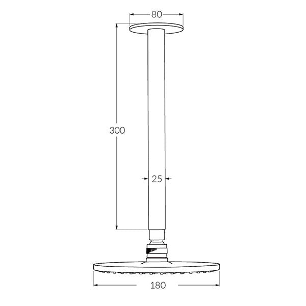 Techncial Drawing - Sussex Voda Vertical 300mm Shower Arm with Head 180mm