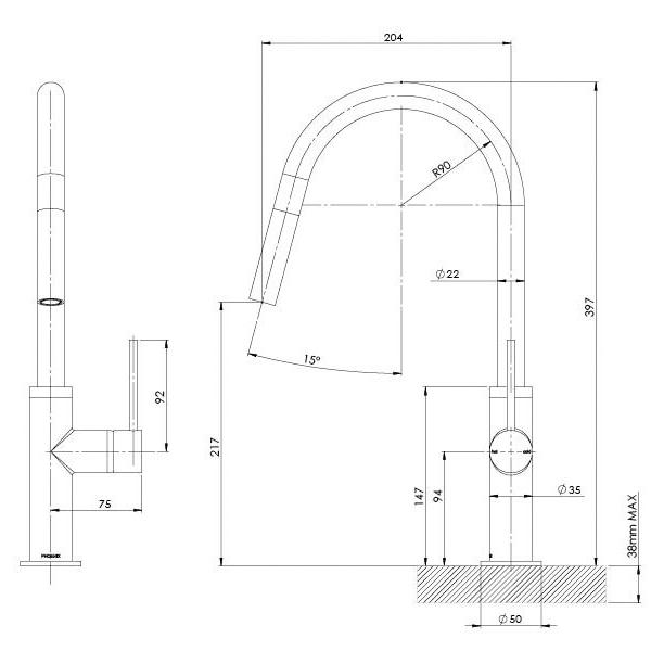 Phoenix Vivid Slimline Pull Out Sink Mixer - Gun Metal  specs - line drawing and dimensions