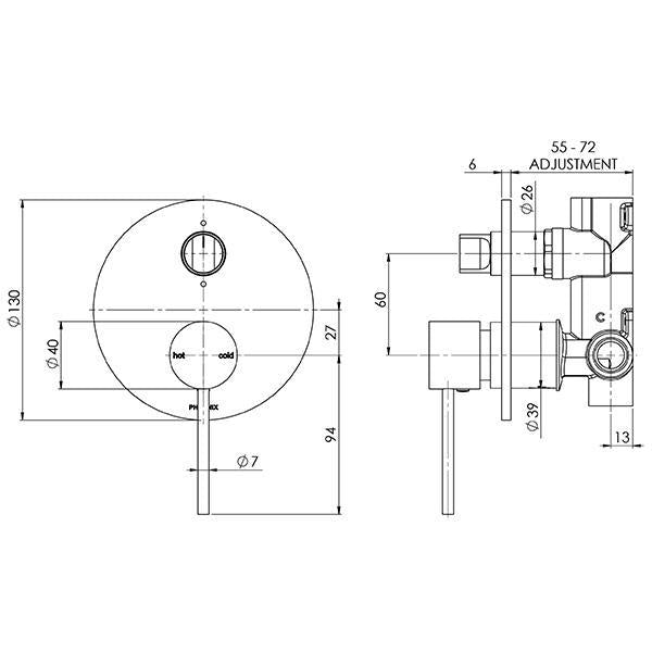 Technical Drawing - Phoenix Vivid Slimline Shower/Bath Diverter Mixer - Gun Metal